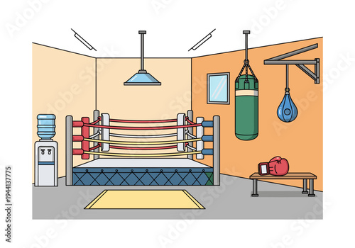 Boxing gym interior with ring, punching bags, water cooler, and gloves on bench