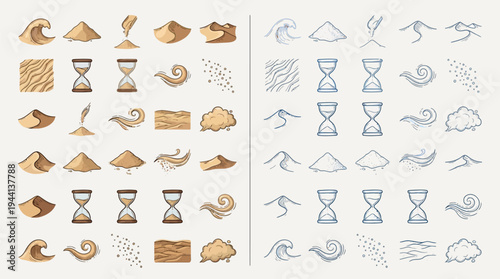 A collection of sand-related icons, including waves, sand dunes, hourglasses, and wind patterns, presented in both color and grayscale.