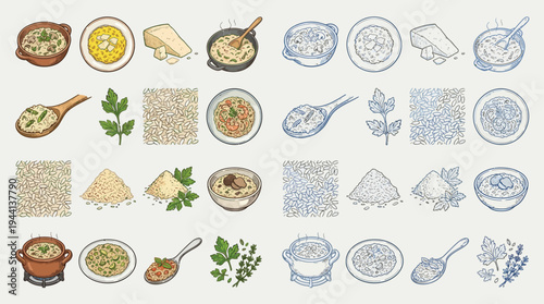 A collection of illustrations depicting various dishes and ingredients related to creamy, cheesy, and herbaceous food preparations.