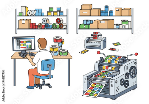 Printing operation with a designer working on a computer and machinery producing labels