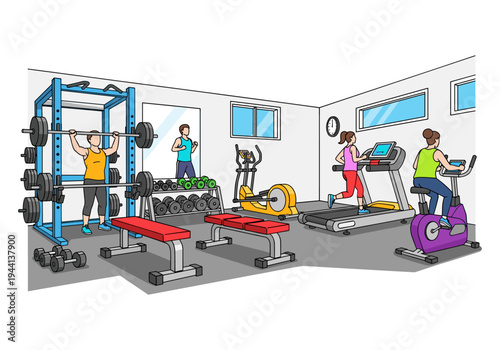 Diverse group of people exercising in a well-equipped gym with cardio and weight training equipment