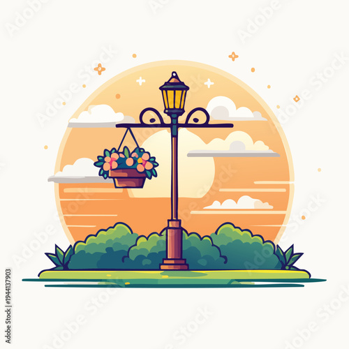 Vector illustration of a classic lamppost in a park at sunset.