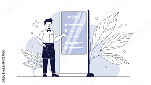 Friendly waiter in professional uniform standing next to modern interactive digital menu kiosk for fast restaurant food ordering service.