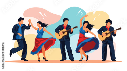 Group of traditional dancers and guitarists performing flamenco music and dance in vibrant colorful costumes for entertainment event.