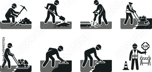 Professional Railway and Train Transport Icon Set Featuring High-Speed Trains Locomotives Passengers Boarding Railway Workers and Track Maintenance Silhouettes