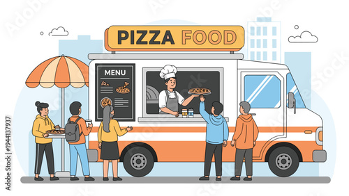 Hungry customers standing in line to buy fresh pizza from orange food truck parked in city street with professional chef serving meal.