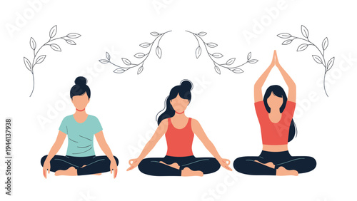 Three healthy women practicing yoga in lotus position and meditation for wellness with hand drawn leaf decorations on white background.