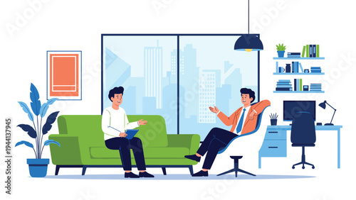 Two business professionals sitting in comfortable office chairs and having a serious discussion or job interview meeting during work hours.