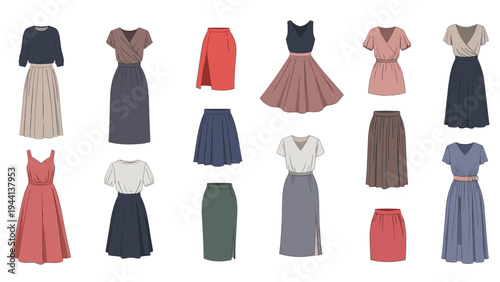 Large collection of diverse women's fashion including dresses and skirts in various colors and styles isolated on plain white background.