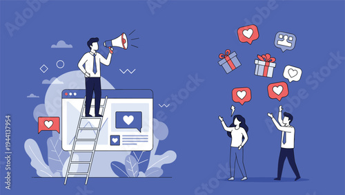 Man on ladder with megaphone and people holding social media like and heart icons for digital marketing campaign concept on blue background.