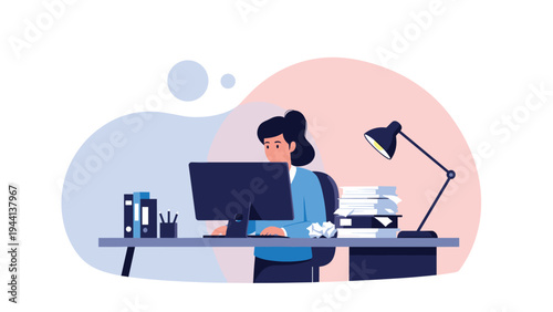 Hardworking woman sitting at desk working late on computer with large stack of documents and lamp in dark office during evening hours.