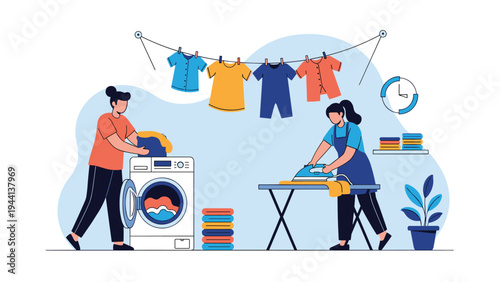 Two women doing household chores including washing clothes in machine and ironing on board in modern laundry room interior at home.