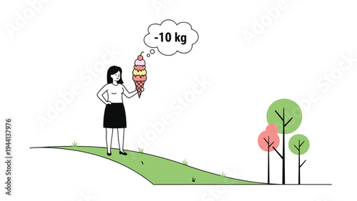 Young woman holding a huge multi-scooped ice cream cone while thinking about her weight loss goal and healthy lifestyle choices.
