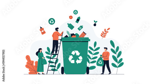 Environmentally conscious people sorting various waste materials into a large green recycling bin to support sustainability.