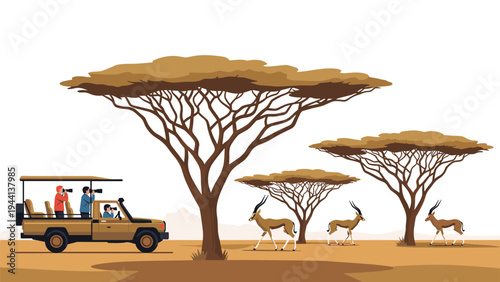 Group of tourists on a desert safari tour watching gazelles in their natural savanna habitat from an open-top off-road vehicle.