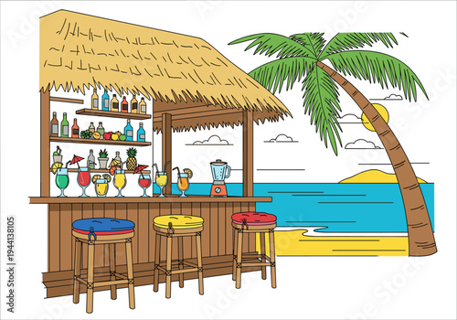 Tropical beach bar with colorful cocktails and palm tree on a sunny day