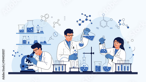 Team of dedicated scientists in white coats performing chemical experiments and research in a modern laboratory setting.