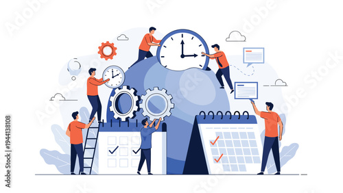 Business team collaborating to manage schedules and tasks using large clocks calendars and gears for efficient productivity.