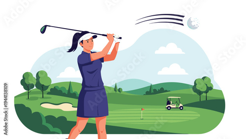 Athletic woman golfer wearing a blue outfit swinging a club on a beautiful green golf course with a cart in the background.