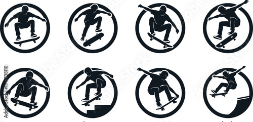 Professional Skateboarding Badge Icon Set Featuring Skaters Performing Kickflips Jumps and Urban Extreme Sports Tricks in Circular Frames Silhouettes