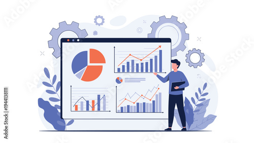 Professional male analyst presenting complex data and business insights on a large screen with mechanical gear symbols.