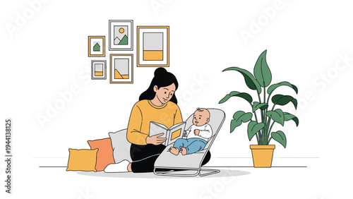 Young mother sitting on the floor and reading a storybook to her infant baby who is resting in a comfortable baby bouncer.