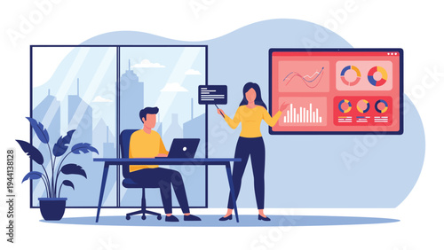 Professional woman presenting financial data reports to a colleague working on a laptop in a modern city office space.