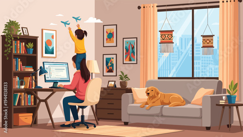 Modern mother working on a computer from home while her young child plays on her shoulders in a cozy living room setting.