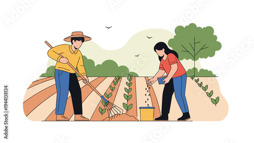 Hardworking farmers in traditional hats planting seeds and raking soil in a large agricultural field during the spring.