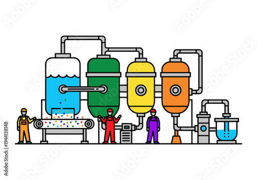 Industrial production line with colorful tanks and workers, representing manufacturing processes