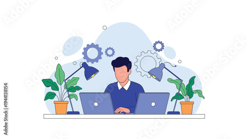 Focused professional man manages multiple tasks on two laptops surrounded by mechanical gears and green potted plants in a clean workspace.