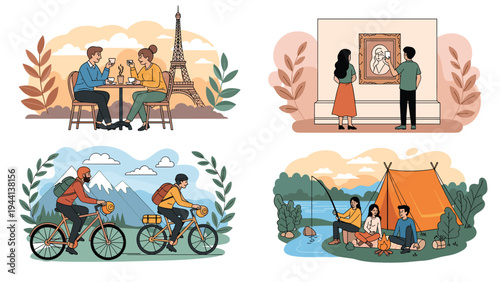 Collage of various lifestyle scenes including a cafe date visiting an art museum mountain biking and camping by a lake.
