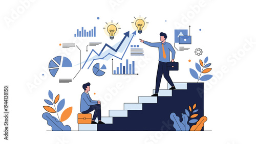 Successful businessmen climb a symbolic staircase while analyzing growth charts and glowing lightbulbs representing innovative corporate ideas.