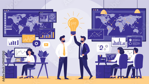 Collaborative business team discusses global strategies in a high tech control room while holding up a giant glowing lightbulb together.