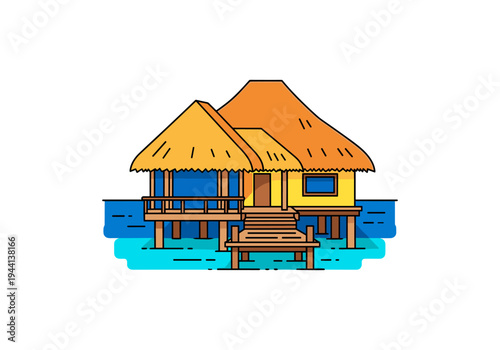 Tropical overwater bungalow with thatched roof and wooden deck on clear blue water