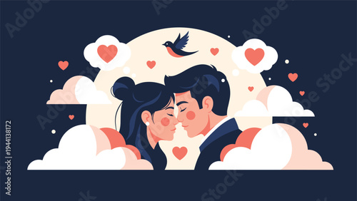 Romantic couple shares a tender moment amidst heart shaped clouds and a flying bird under a warm sun in a dreamy stylized illustration.