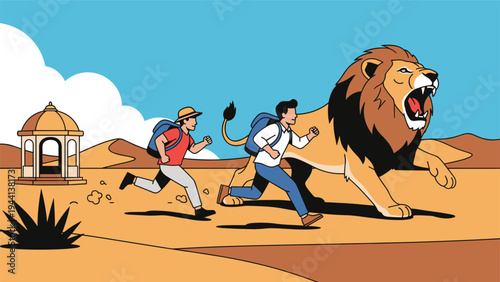 Two men with backpacks run desperately through a sandy desert landscape to escape from a large roaring lion during an outdoor adventure.