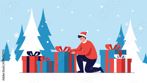 Young man wearing a festive Santa hat kneels to wrap large colorful gift boxes in a winter landscape with snow and evergreen trees.