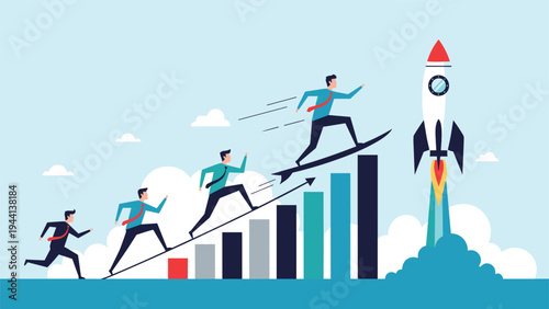 Ambitious businessmen race up a bar chart toward a launching space rocket symbolizing rapid corporate growth and professional success.