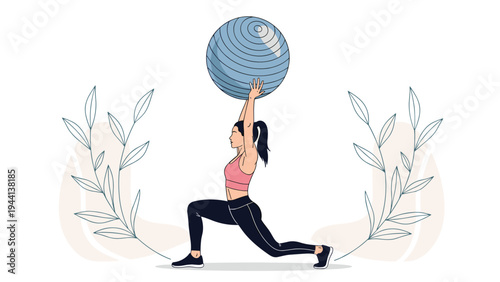 Athletic woman performs a deep lunge while holding a large blue exercise ball over her head against a minimalist background with leaves.