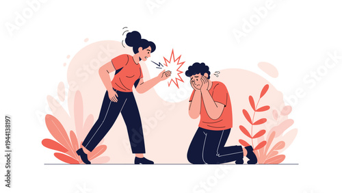 Angry woman yells and points at a distressed man who is kneeling on the ground in a stylized scene depicting emotional conflict.