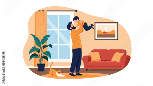 Happy father lifts his young son high in the air while playing in a bright living room with a cat and a comfortable red sofa nearby.
