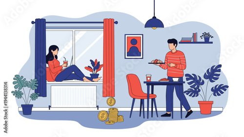 Young couple at home with one person working on a laptop by the window while the other serves food at a dining table.