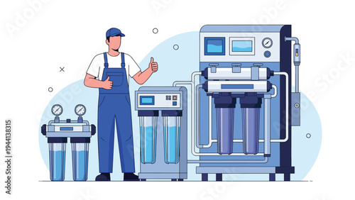 Professional technician in blue overalls giving a thumbs up while standing next to a large industrial water filtration system.