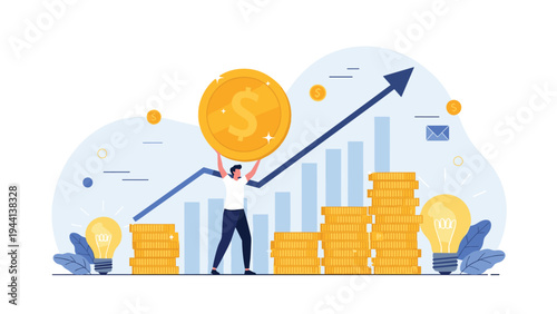 Financial growth concept with a man holding a large dollar coin standing in front of a rising bar chart and stacks of money.