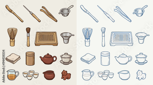 A comprehensive collection of traditional Japanese tea ceremony utensils, presented in both warm earthy tones and cool blue outlines, showcasing every essential tool for preparing and serving matcha.