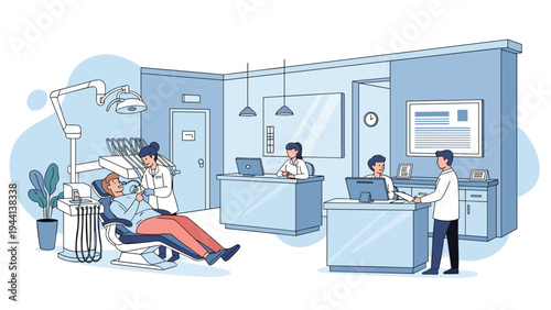 Modern dental office interior featuring a dentist treating a patient and administrative staff working at the reception desk.