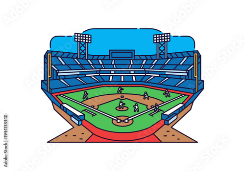 Stylized baseball stadium with players on the field and bright stadium lights overhead