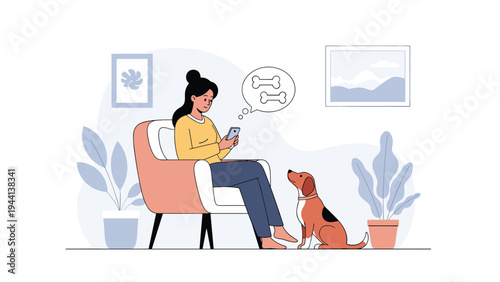 Relaxed woman sitting in a stylish armchair using her smartphone while her loyal beagle dog sits nearby waiting for attention.