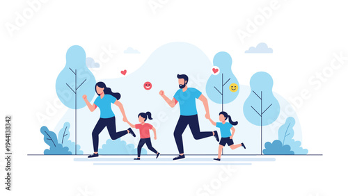 Happy family with parents and children jogging together in a scenic blue and white park landscape for fitness and health.